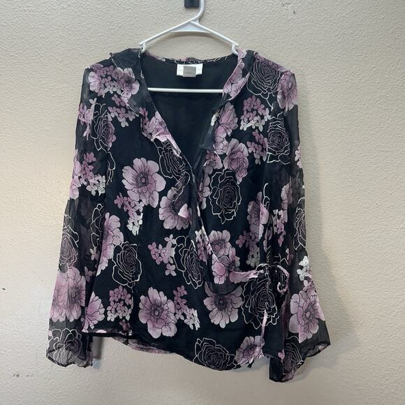 VTG Wrap Top Sz L Black Purple Floral 100% Silk Blouse Y2K 90s Whimsigoth Fairy - Picture 1 of 8